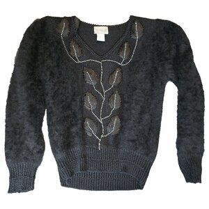 Vtg 80s/90s Nordstrom Angora Blend Sweater Black Beaded Leaf‎ Glam Dynasty Small